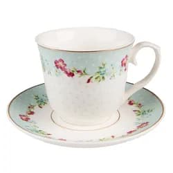 Zelený porcelánový šálek s podšálkem s květy - Ø 15*8 / 250 ml Clayre & Eef