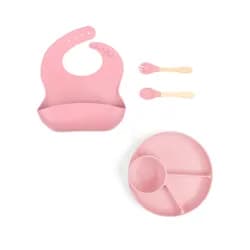 PupyHou Dětská silikonová jídelní sada PupyHou, 4-dílná Barva: Pink (růžová)