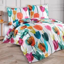 BedTex povlečení TULIPI, barevné tulipány, bavlněný satén, 140x200cm + 70x90cm