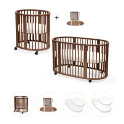 STOKKE® Sleepi™ V3 White + prodloužení + 2x matrace + 2x prostěradlo - Warm Brown