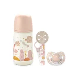 Suavinex Sada láhev 270ml + dudlík fyziologický 0/6m + klip Dreams - RŮŽOVÁ