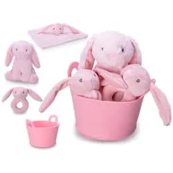 Mikro Trading a.s. Zajíček plyšový růžový sedící 20cm s chrastítkem 13cm a usínáčkem v košíku 0m+